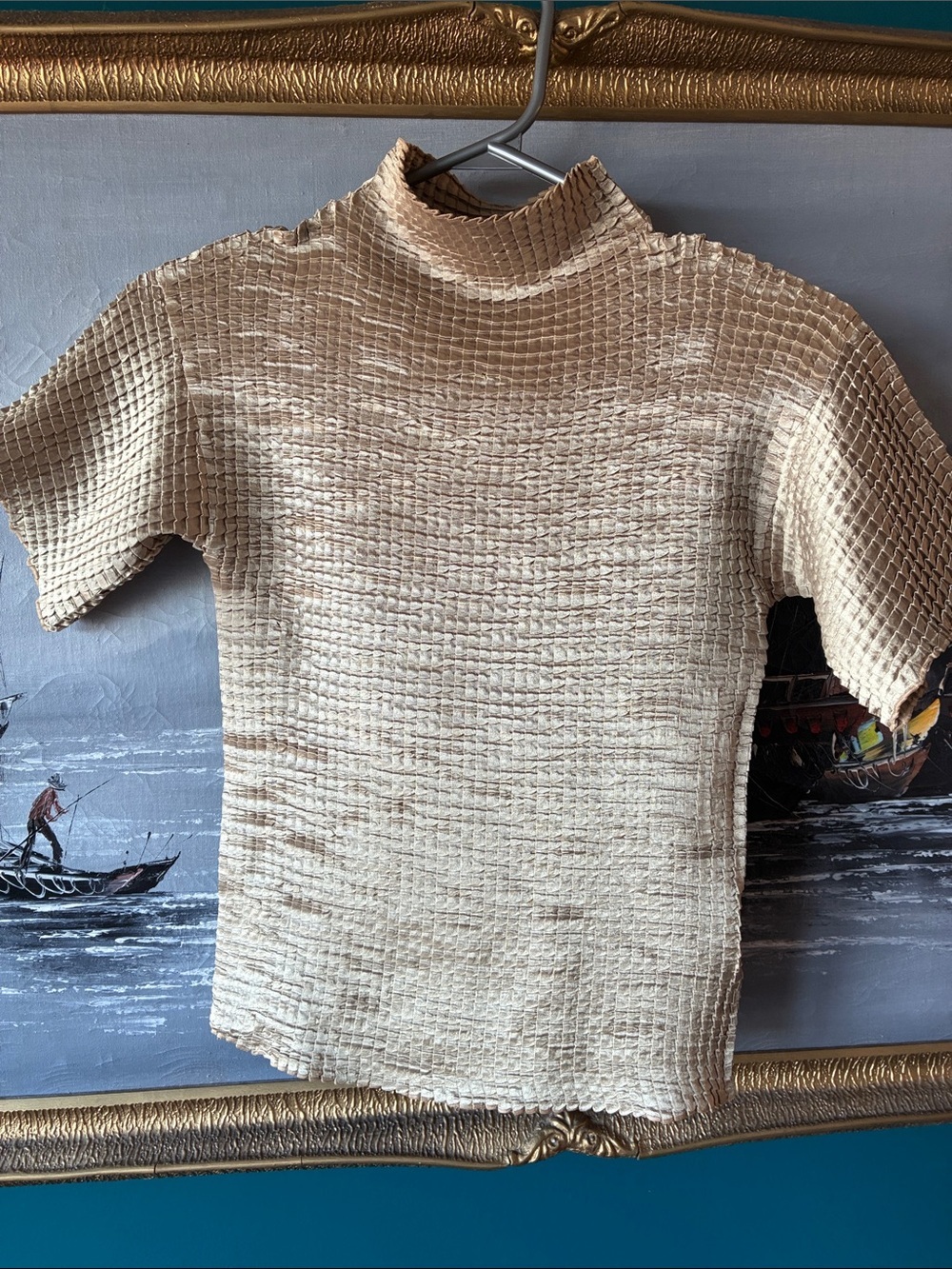 Vintage Y2K Bronze Textured Stretch Mock Neck Top | Crinkle Pleated Metallic